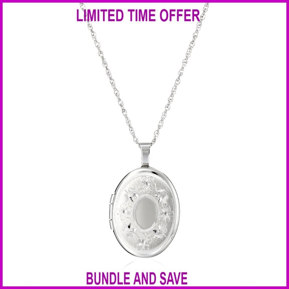 Sterling Silver Oval Locket Necklace 18" Hand Engraved Floral Design